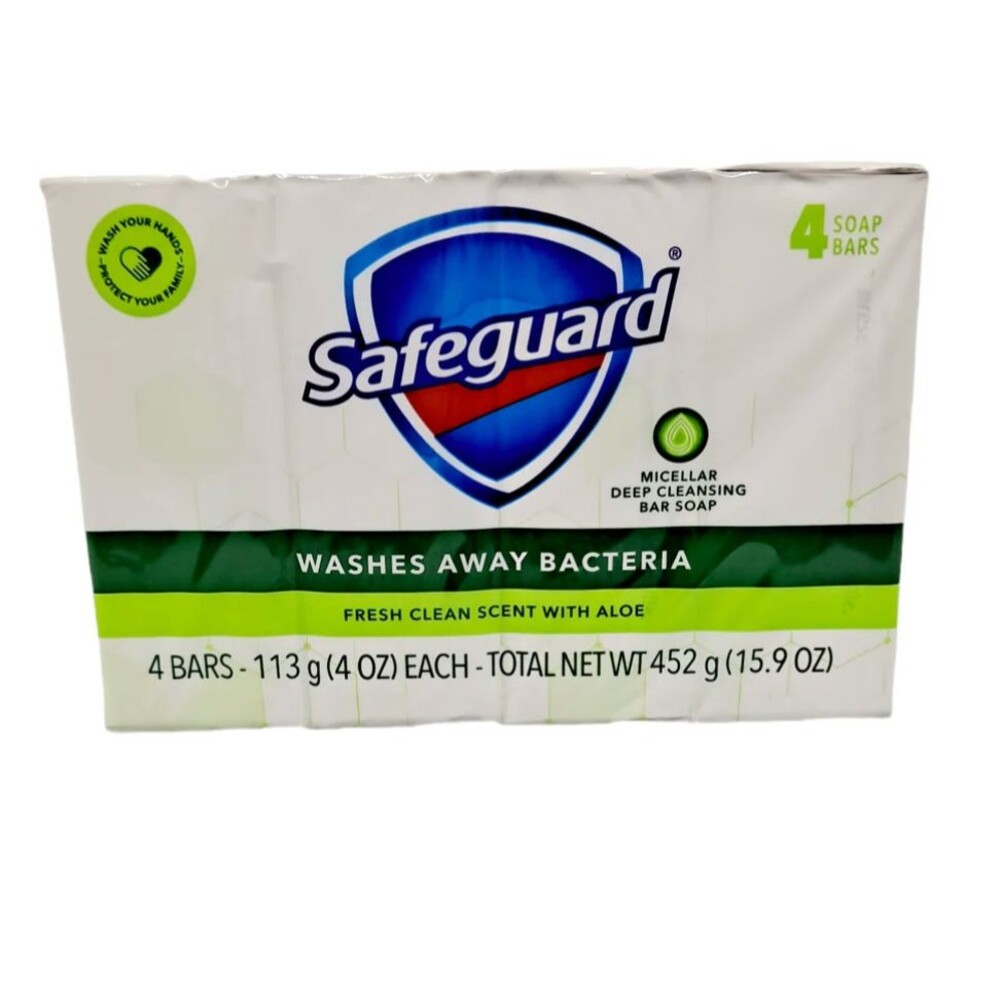 Safeguard Antibacterial Deodorant Soap Bar Fresh & Clean White Aloe Vera 4 Count